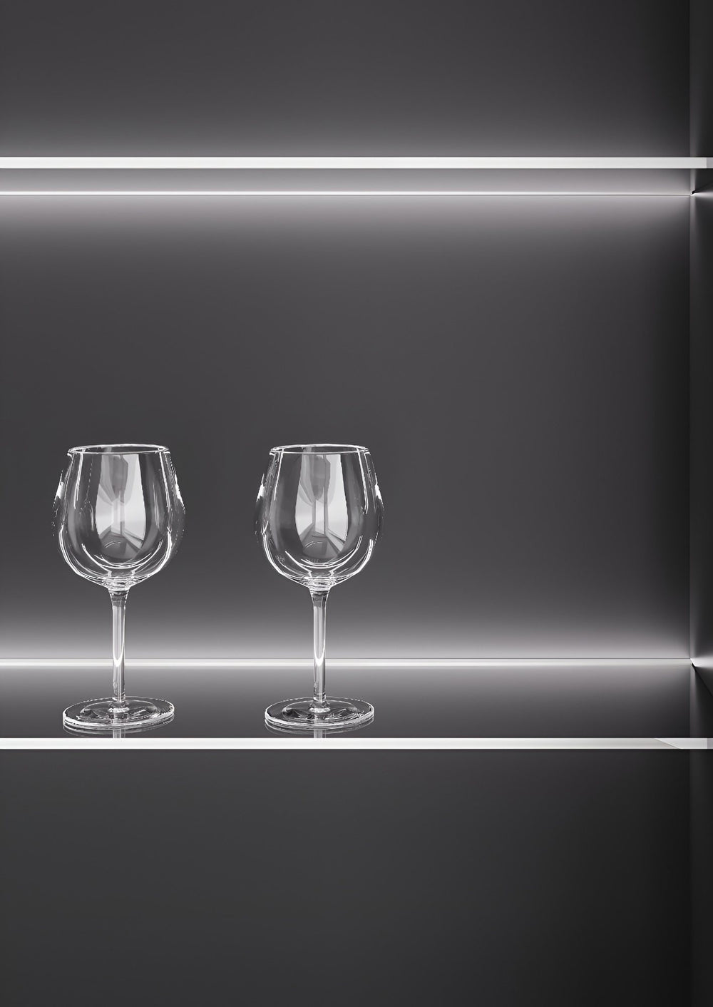 LED strip lighting glass shelves in a dark cabinet
