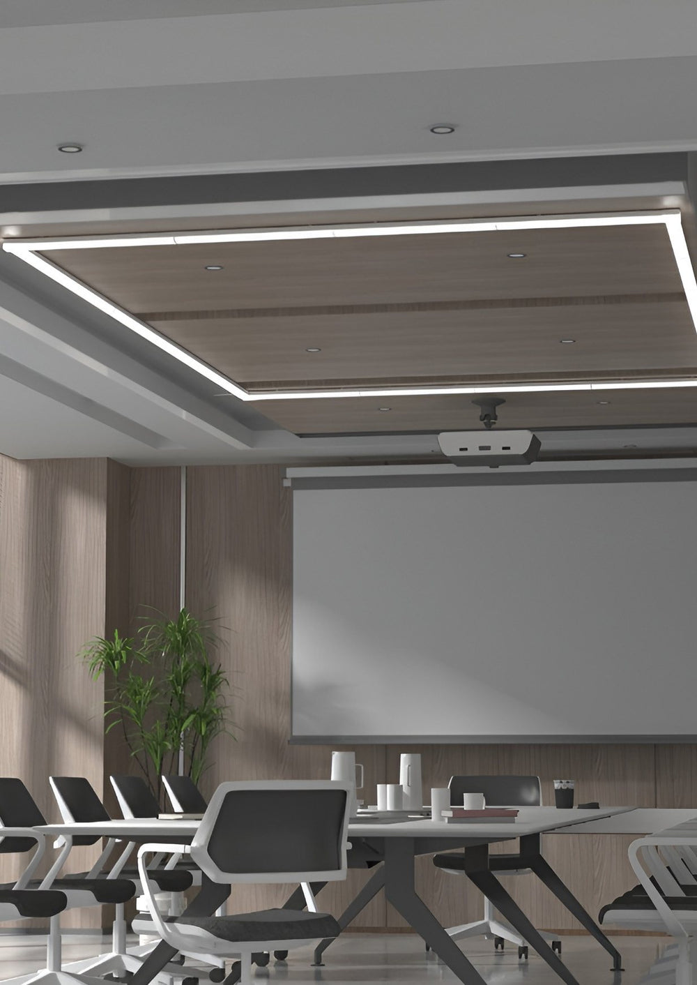 A frame of linear light over a meeting table
