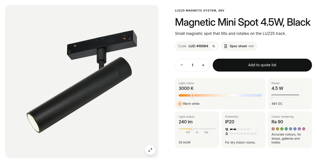 A product page with its versions, quantity and the Add to quote list button