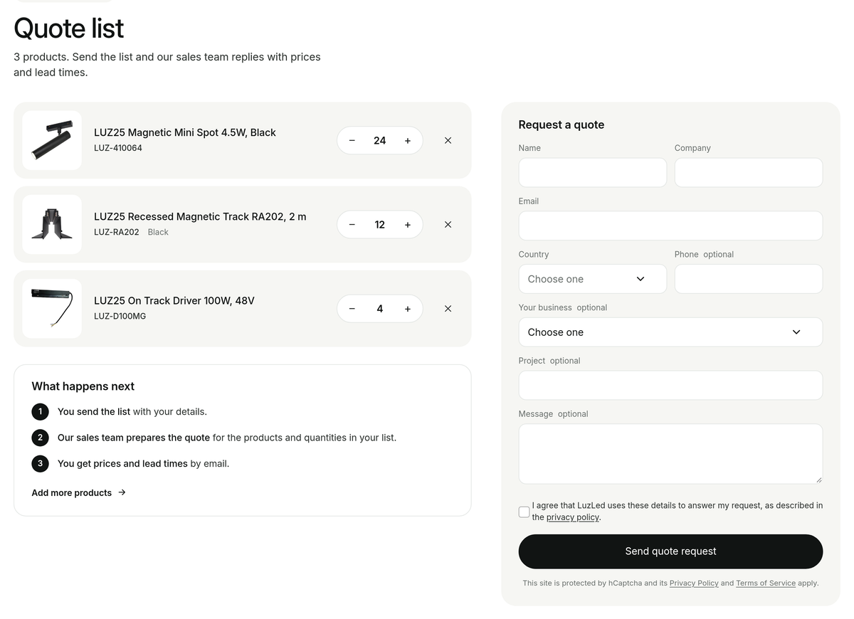 The quote list with three products and the quote request form