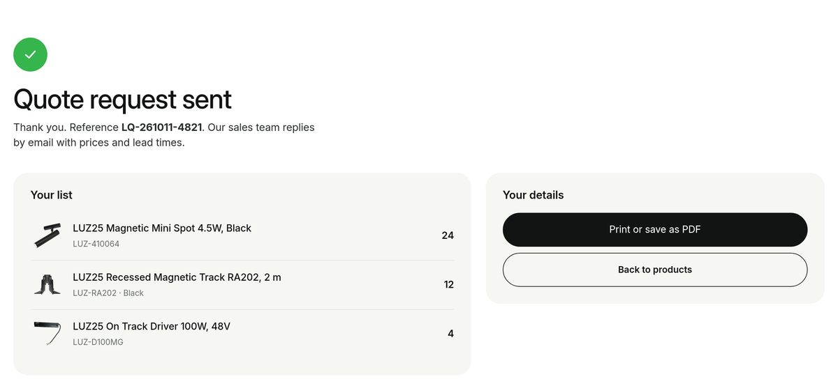 The confirmation after sending, with the list of products